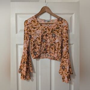 Gypsies & Moondust Peach Floral Bell Sleeve Crop Top Coquette Style Size XS